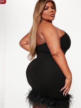 Fashion Nova Black Feather-Hem Curvy Bodycon Dress